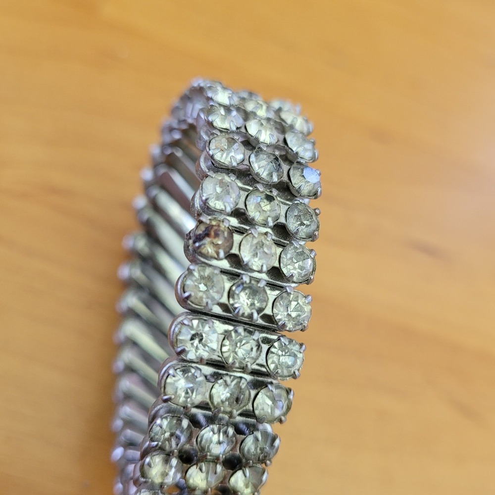 Vintage Made In Japan Rhinestone Expansion Stretch Bracelet Silver Tone